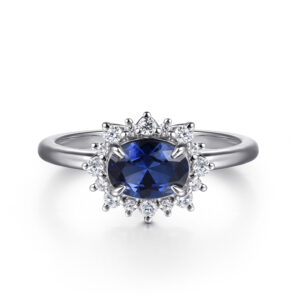 White Gold Oval Sapphire, Diamond Halo Ring