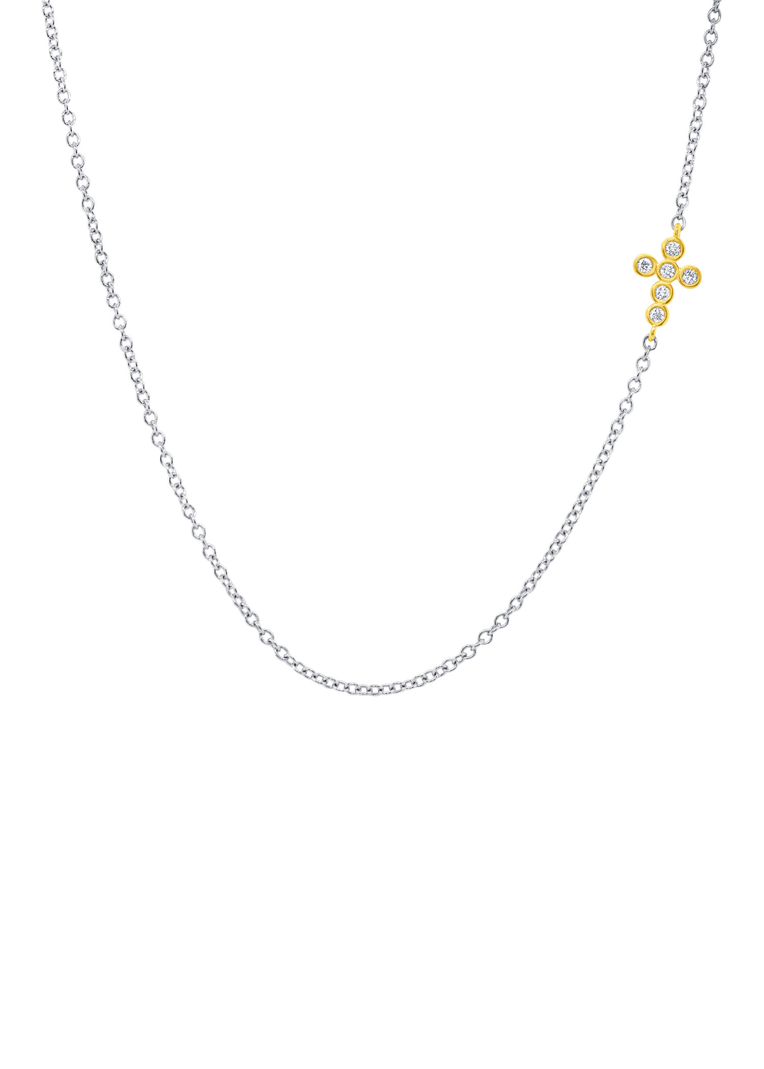 White gold chain with yellow gold diamond cross