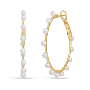 Pearl & Diamond Gold Skinny Hoop Earrings