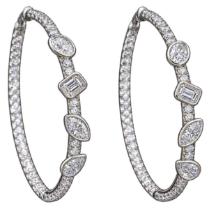 White Gold Hoop Earrings with Four Fancy Diamond Stations