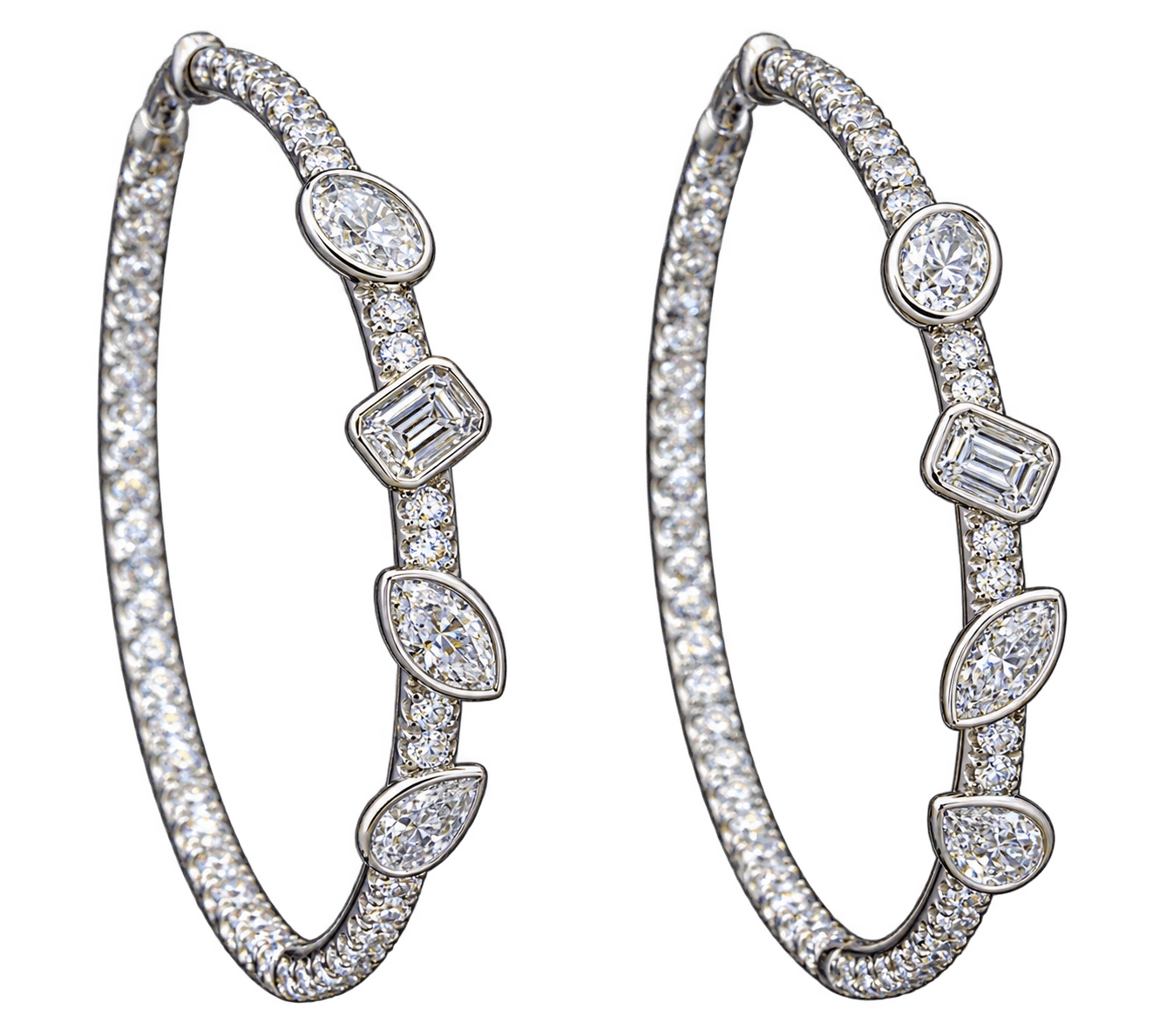 White Gold Hoop Earrings with Four Fancy Diamond Stations