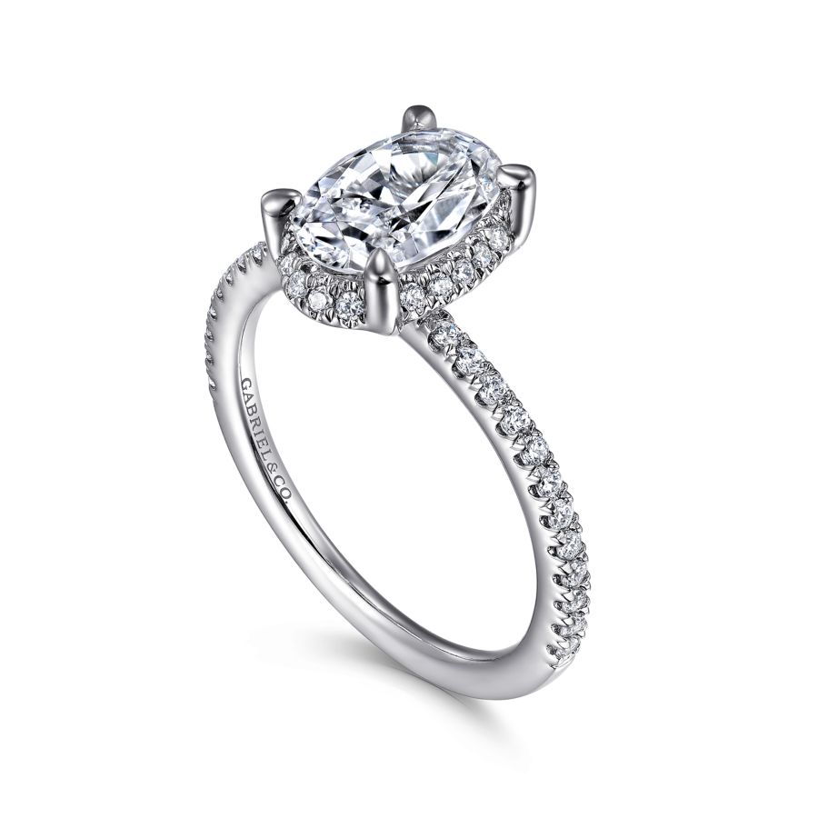 White Gold & Diamond Oval Engagement Ring with Hidden Halo