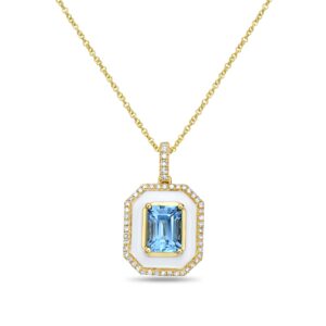 Emerald Cut Blue Topaz Pendant with White Enamel Border & Diamond Edges