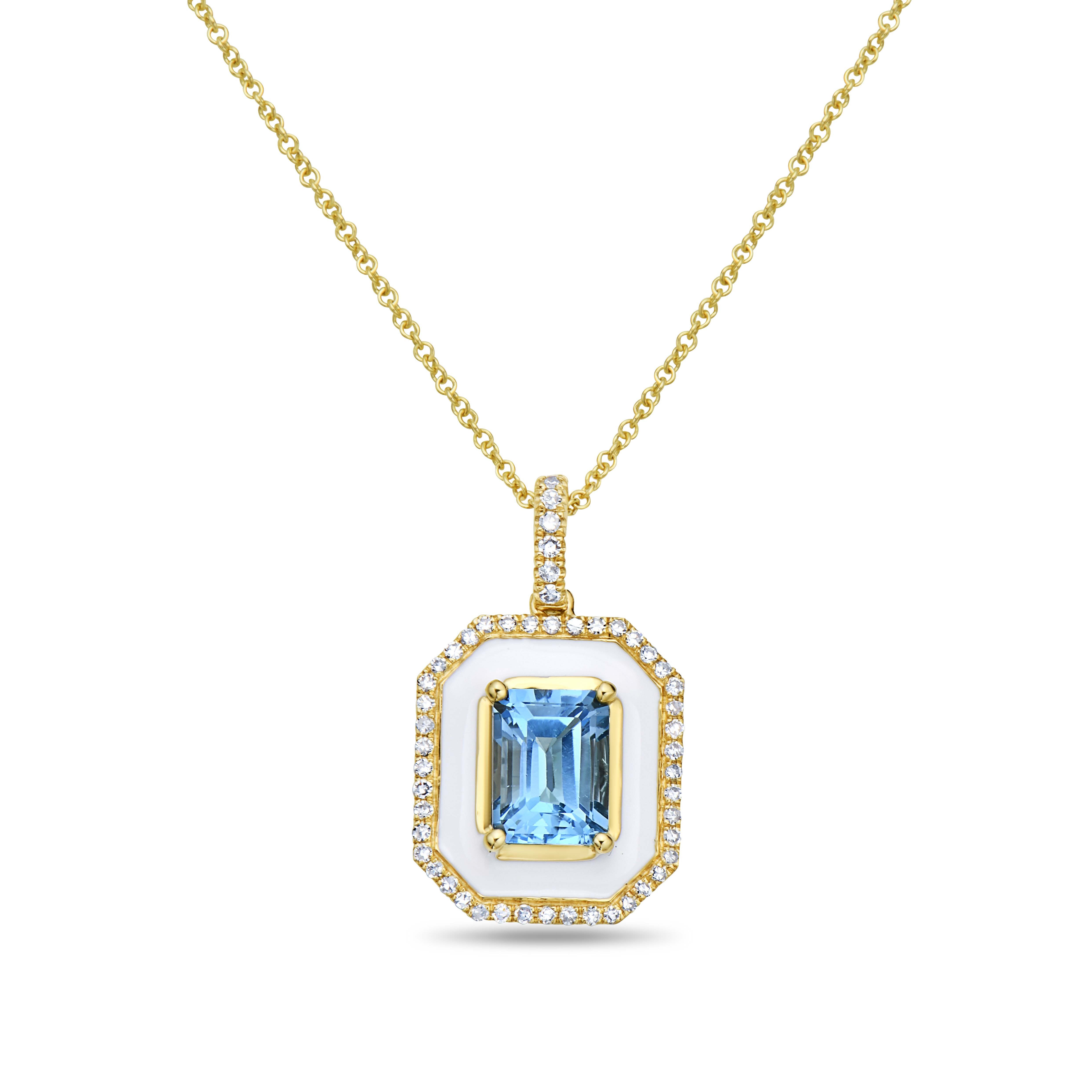 Emerald Cut Blue Topaz Pendant with White Enamel Border & Diamond Edges