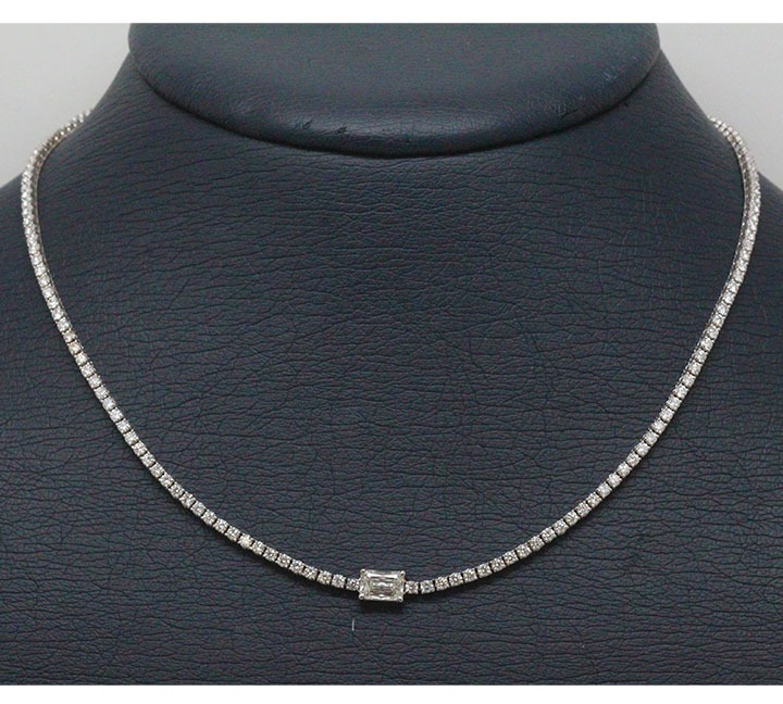 Straightline Diamond Necklace with Emerald Cut Diamond in the Center - Image 2