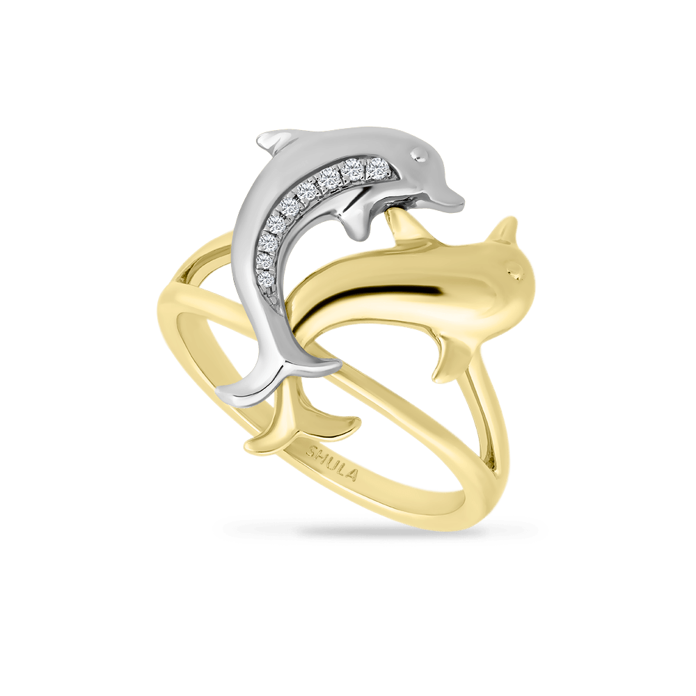 Two-Toned Gold & Diamond Double Dancing Dolphin Ring